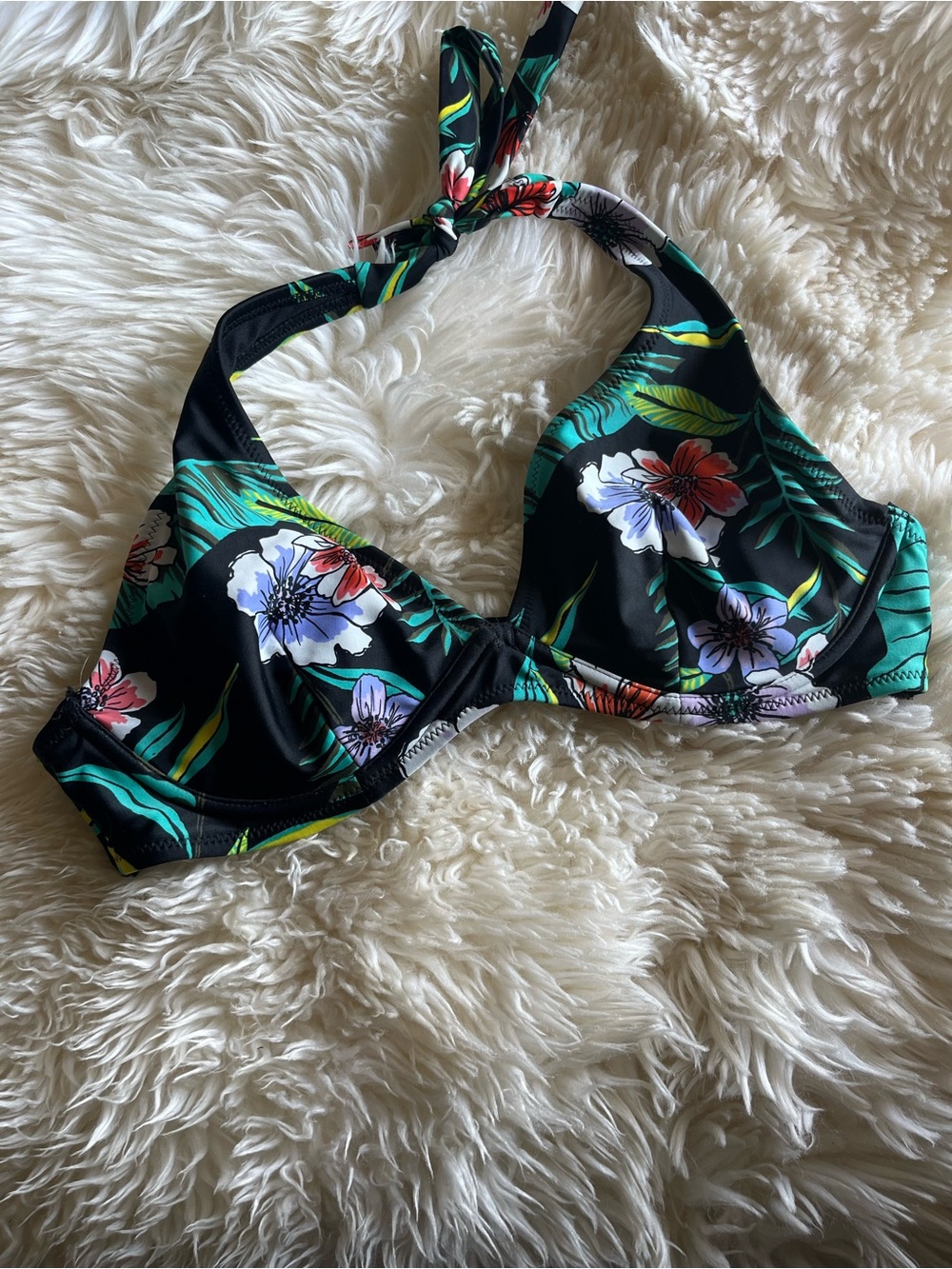 Old Navy Black Floral Halter Bikini Top with Green Leaves and Multicolor Flowers